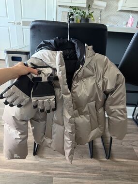 Zara Kids Winter Jacket with Matching Gloves - Taupe/Black